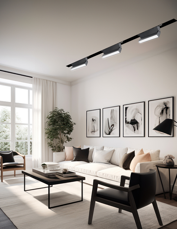 Minimal white modern living room with modern comfortable furnitu גוף תאורה מגנטי חלבי מתכוונן דגם LINE צבע שחור 6W