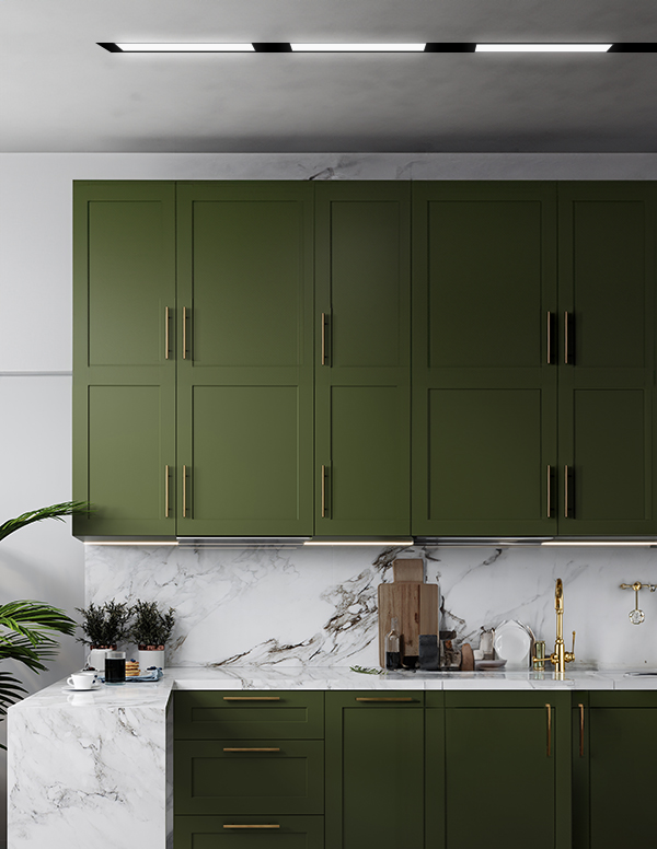 Modern green kitchen interior design, close up, 3d rendering חלבי לינארי מגנטי קו אפס שחור LINE WIFI MILKZERO 12W